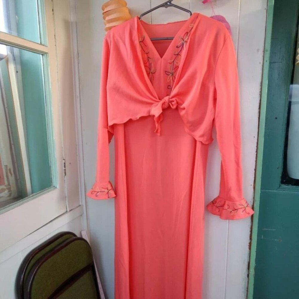 Vintage 60s 70s Dress with Jacket 44" Bust Peach Polyester Size Large